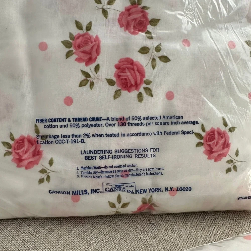 NEW Vintage Cannon No-Iron Muslin Full Flat & Fitted Sheet Set Rose Floral White